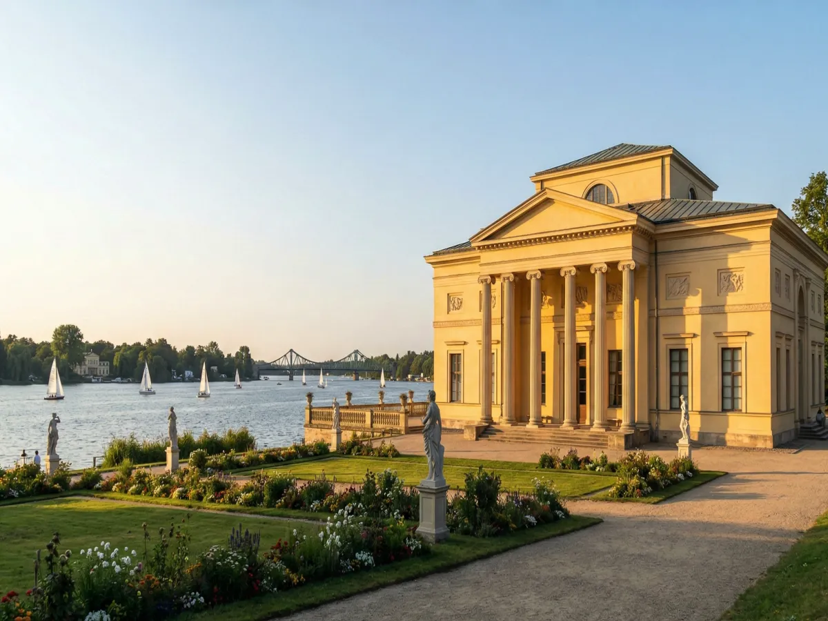 Casino Glienicke – Säulenportikus mit Havel-Panorama und Segelbooten
