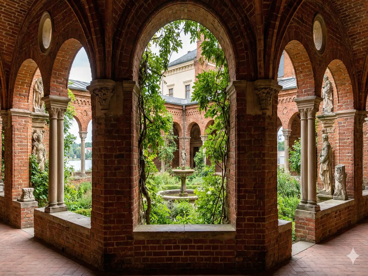 Klosterhof Glienicke – Backsteinarkaden mit Brunnen und antiken Skulpturen